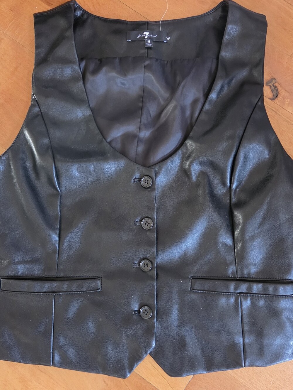 7 For ALL Soft Faux Leather Black Button-Front Vest ladies M